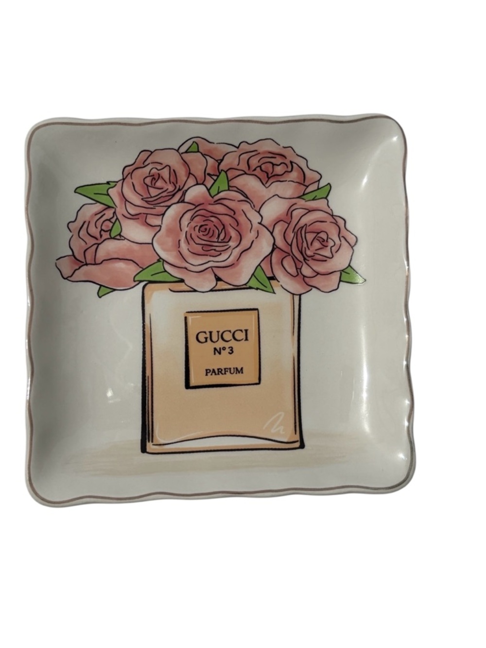 NIB Gucci No3 Parfum Rose Bouquet Trinket Dish with Gold Accents